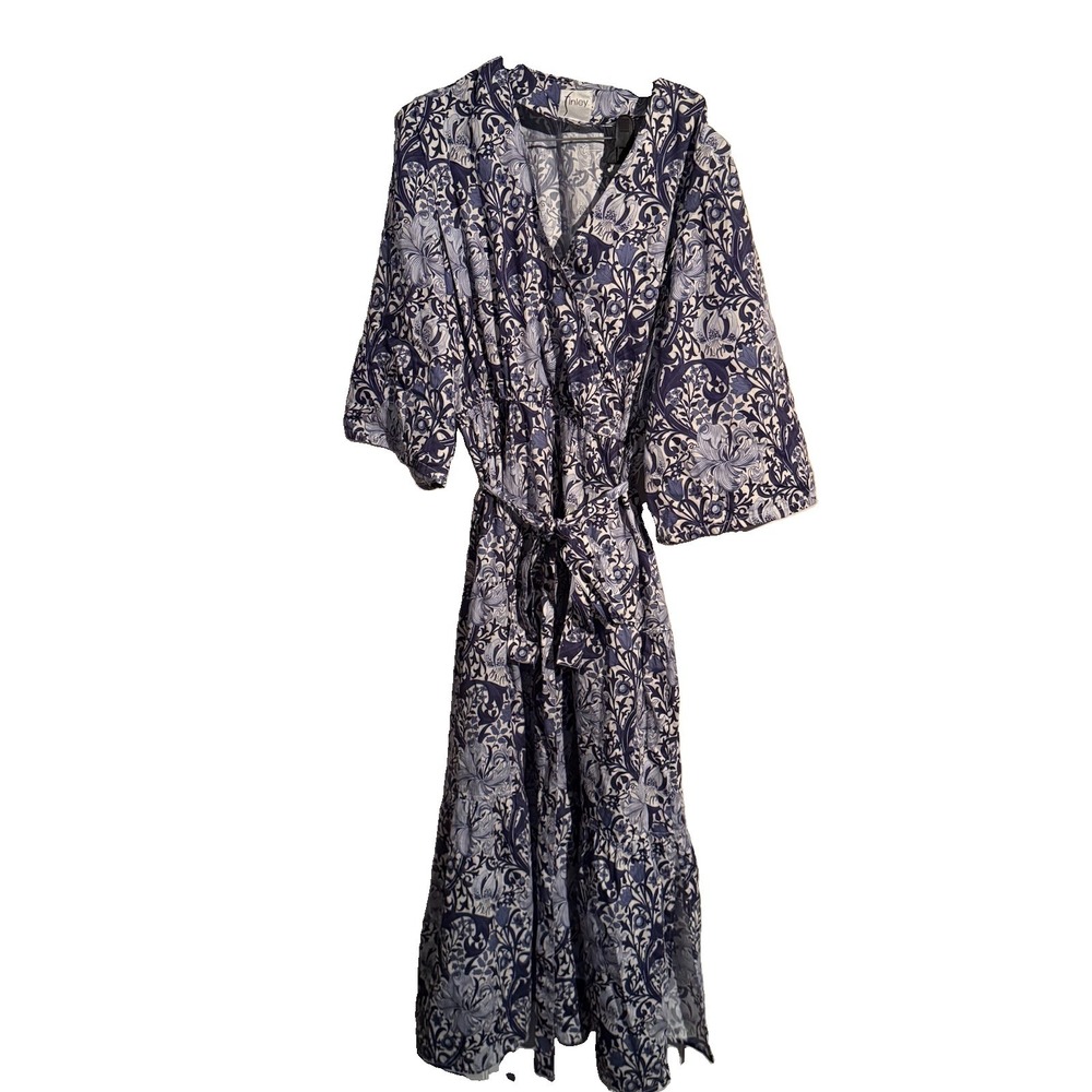 Finley Blue and White Floral Print Midi Wrap Dress with Puff Sleeves Large Boho